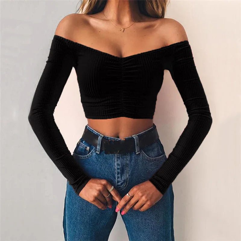 Women T-shirts sexy and club fashion female T-shirt long sleeve off shoulder solid color lady Tshirt autumn basic tees — image 17