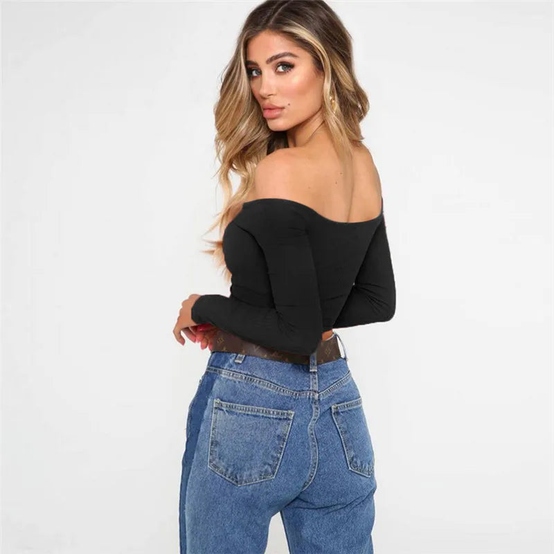 Women T-shirts sexy and club fashion female T-shirt long sleeve off shoulder solid color lady Tshirt autumn basic tees — image 18