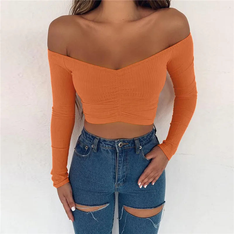 Women T-shirts sexy and club fashion female T-shirt long sleeve off shoulder solid color lady Tshirt autumn basic tees — image 19
