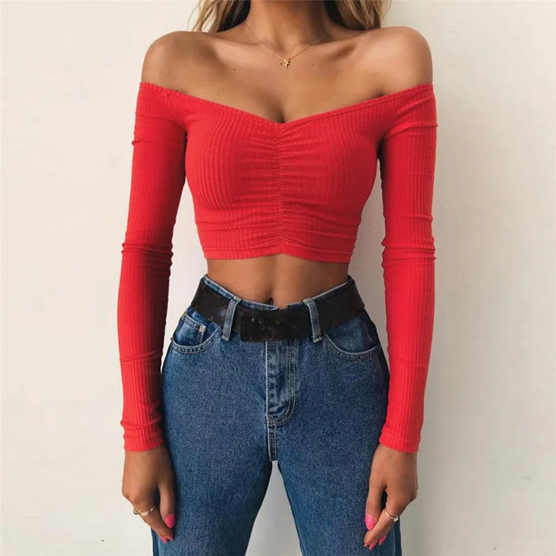 Women T-shirts sexy and club fashion female T-shirt long sleeve off shoulder solid color lady Tshirt autumn basic tees — image 14