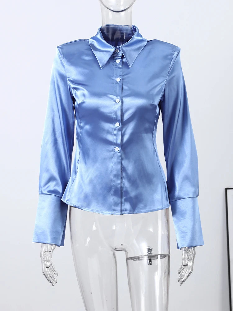 Women's Shirts Lapel Waist Cinching Single Breasted Satin Blouses Spring Female Long Sleeve Slim Tops Chic Ladies Club Partywear — image 11