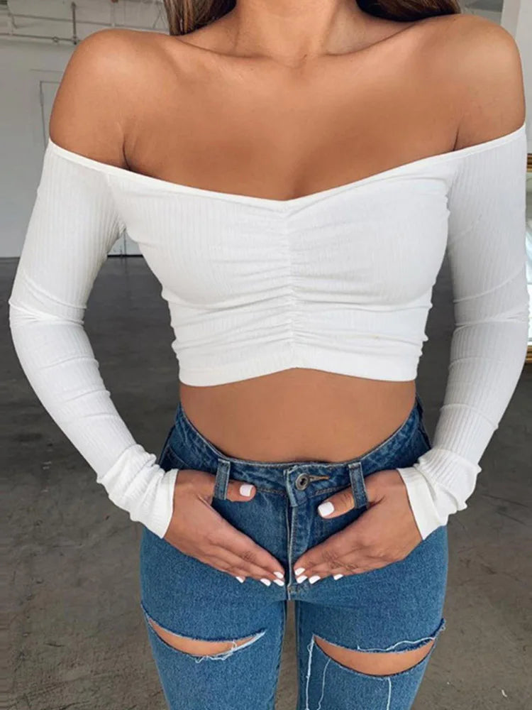 Women T-shirts sexy and club fashion female T-shirt long sleeve off shoulder solid color lady Tshirt autumn basic tees — image 5