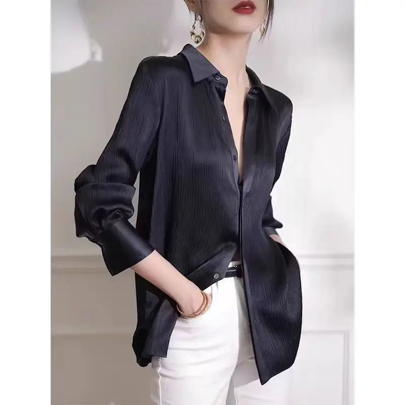 Women's Shirts Spring New Black Satin Texture Loose Long-sleeved Blouse Elegant Office Lady Work Wear Fashion Female Clothing — image 4