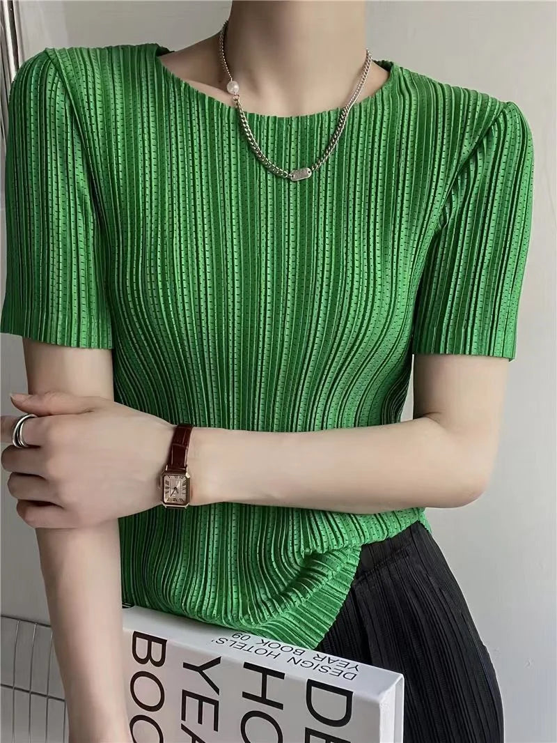 Woman Clothing  Top Women Miyake Pleated Short-sleeved Female Summer Thin Elastic Round Neck Joker Slim Pleated Hollow T-shirt — image 3