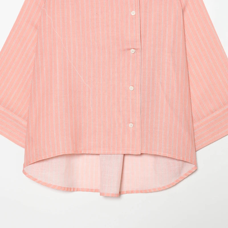 Women's Pink Striped Shirts Summer Asymmetric Button Mid Sleeve Loose Fit Shirts Casual Office Look Vintage Elegant Female Tops — image 18