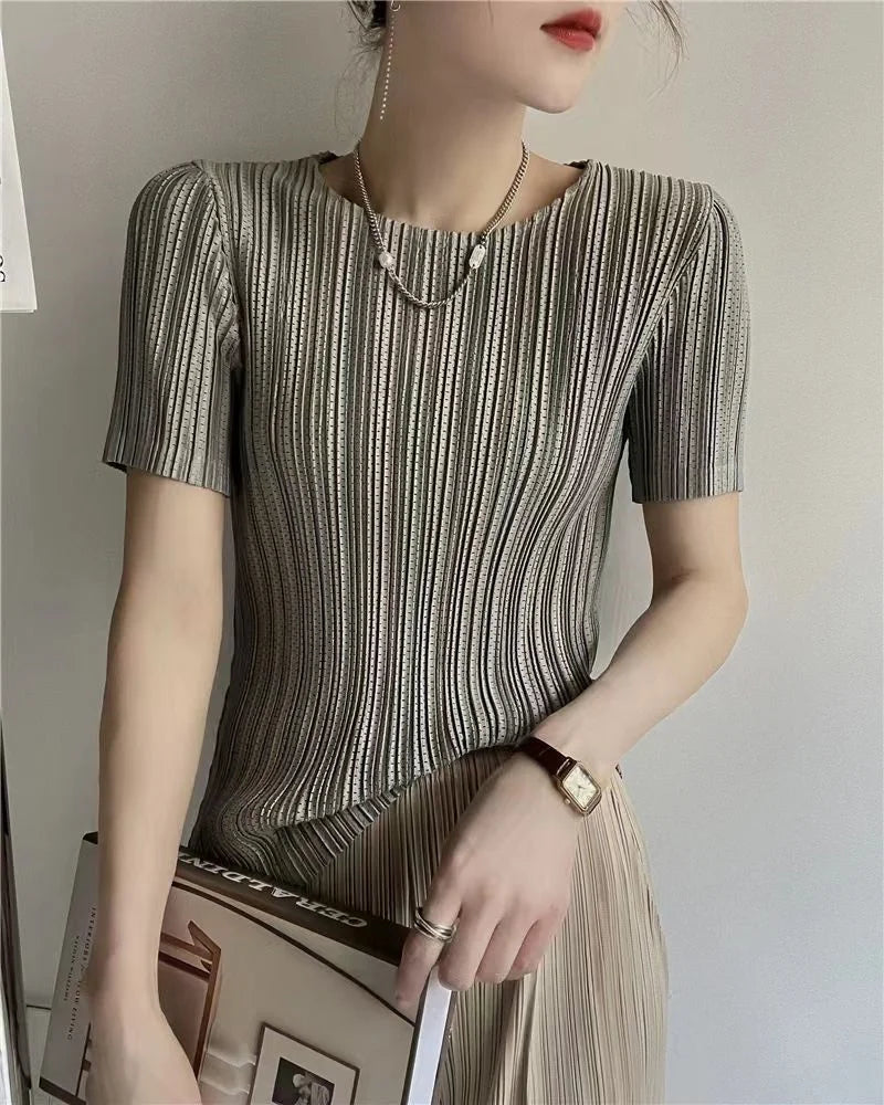 Woman Clothing  Top Women Miyake Pleated Short-sleeved Female Summer Thin Elastic Round Neck Joker Slim Pleated Hollow T-shirt — image 10