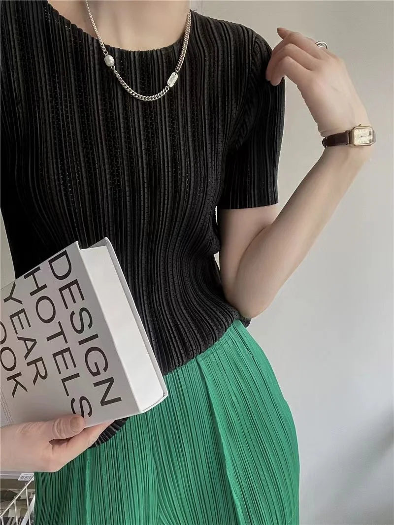 Woman Clothing  Top Women Miyake Pleated Short-sleeved Female Summer Thin Elastic Round Neck Joker Slim Pleated Hollow T-shirt — image 9
