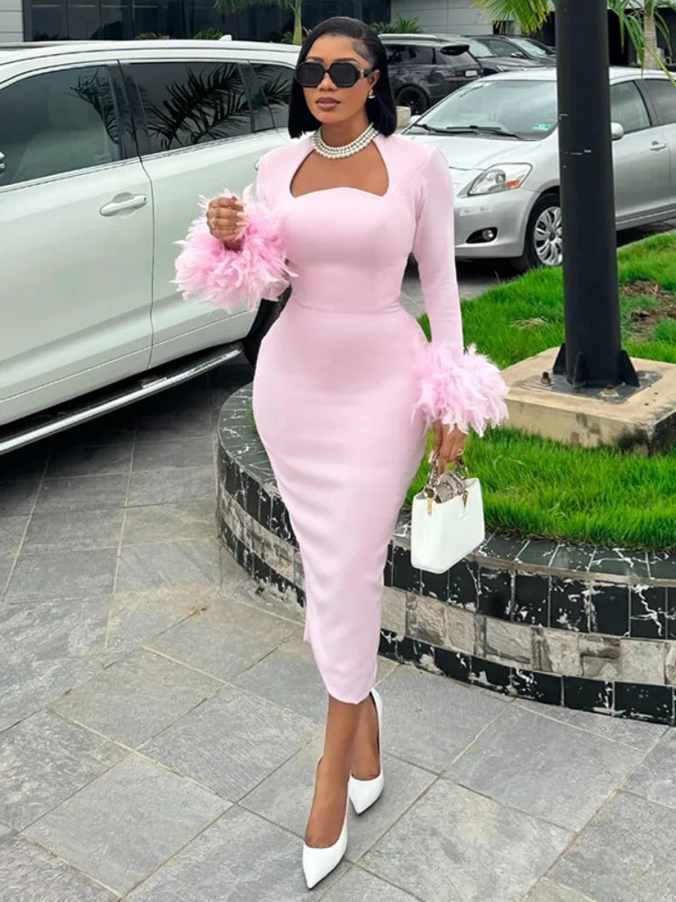 Women's Clothing 2024 Autumn New Item Sweet and Fresh Square Neck Long Sleeved Feather Decoration High Waist Slimming Dress — image 6