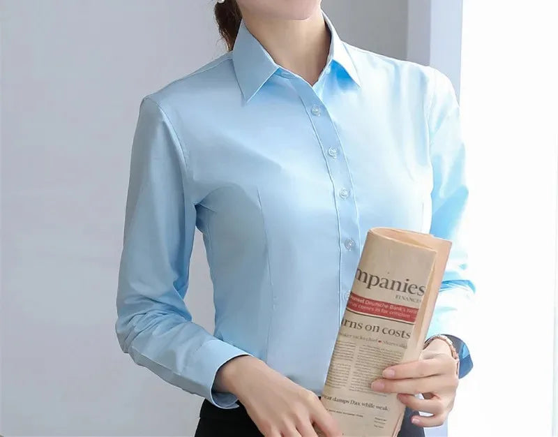 Elegant Women Shirts Woman White Shirt Long Sleeve Blouse Office Lady business Pink Shirts Button Solid Women work Blouses Tops — image 10