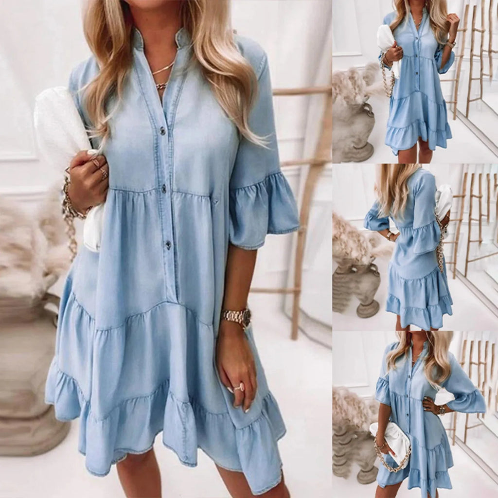 Dresses For Women 2025 Casual Women'S Solid Color Distressed Denim Midi Dress With 5/8 Sleeves Vestidos Elegantes Feminino — image 7