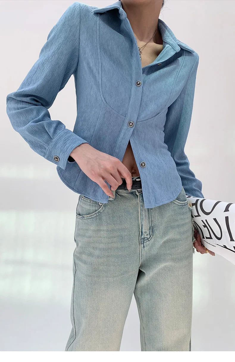 Women's clothing 2025 spring new style temperament lapel slim fit waist cinched long sleeved denim jacket shirt — image 1