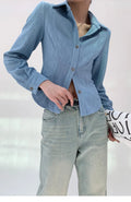 Women's clothing 2025 spring new style temperament lapel slim fit waist cinched long sleeved denim jacket shirt — image 1