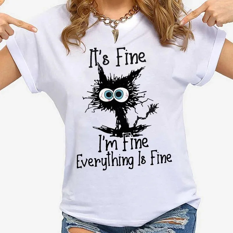 Women Clothes Cat It's Fine I'm Fine Everything Is Fine Print T-shirts Summer Casual  Fashion Personalized Woman Clothing — image 8