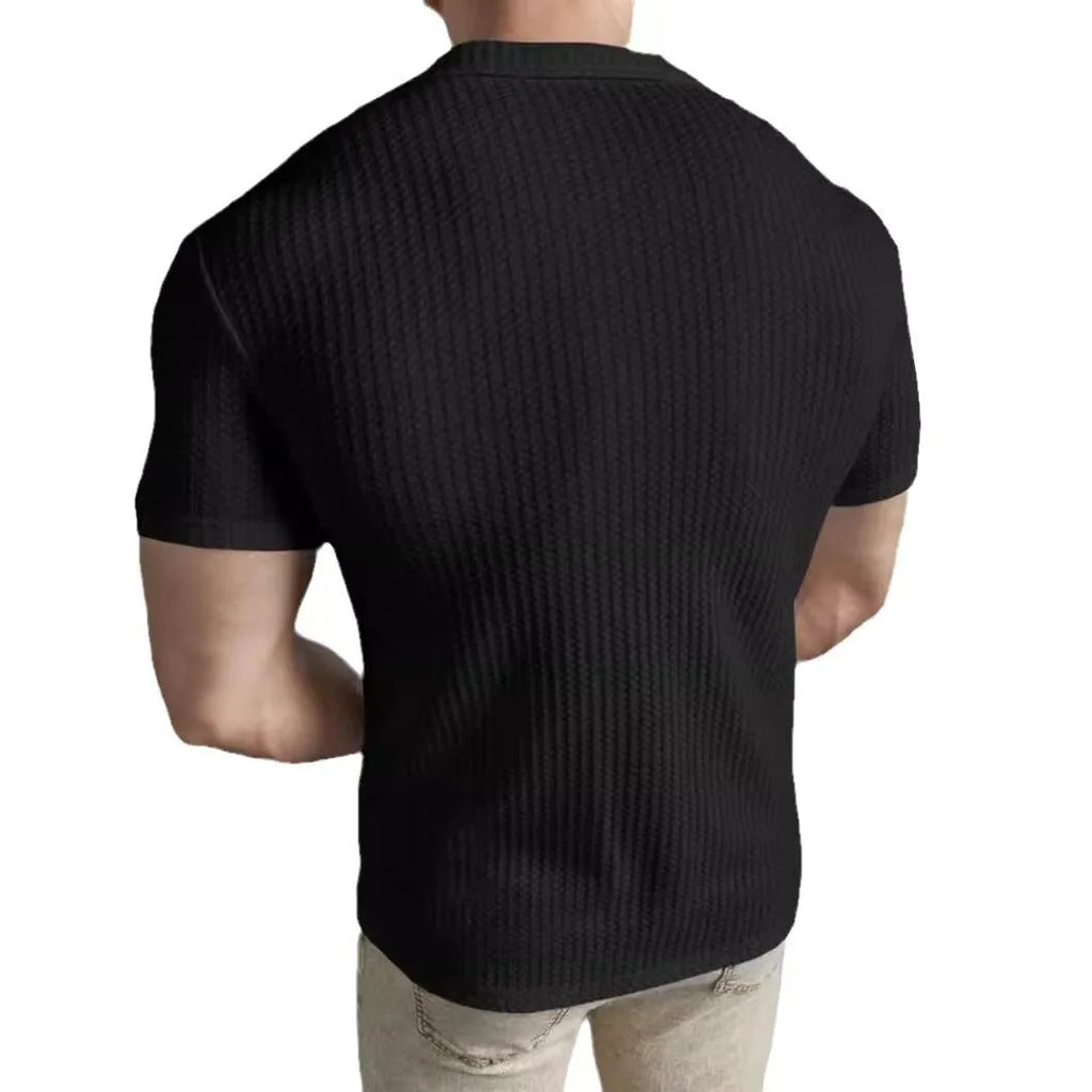 New Men's Shirts Spring Summer Fashion Casual Slim Fit Top Short Sleeved Solid Color Striped Waffle Shirt For Man Clothing — image 8
