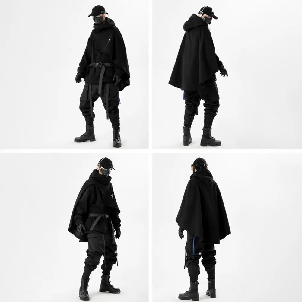 Men Hoodie Fake Two-piece Poncho Multi-Layered Irregular Mechanical Style Hoodie High Collar Batwing Sleeve Street Wear Hoodie — image 13