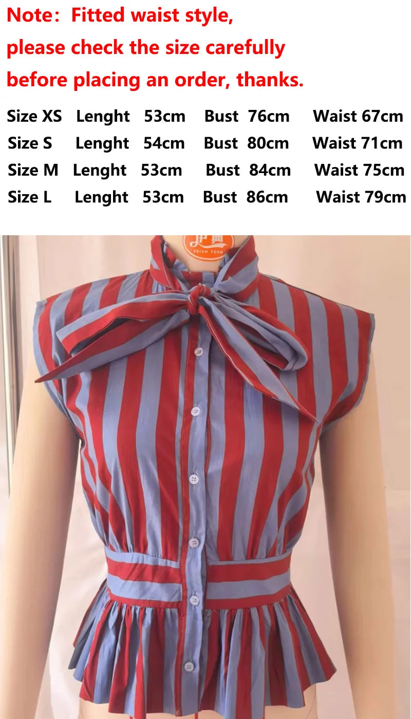 Women's Shirt 2026 New Summer Fitted Waist Bowknot Sleeveless Striped Shirt for Women Elegant Chic Personality Ladies Shirt — image 6