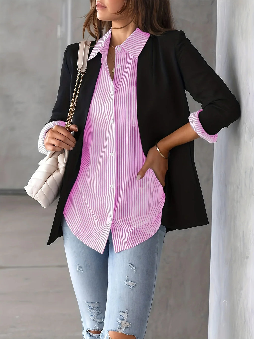 Women's Plus Size Shirt - Fashionable, Elegant, Commuter Bestseller, Classic Striped Top, Loose and Casual Long Sleeve Shirt — image 9