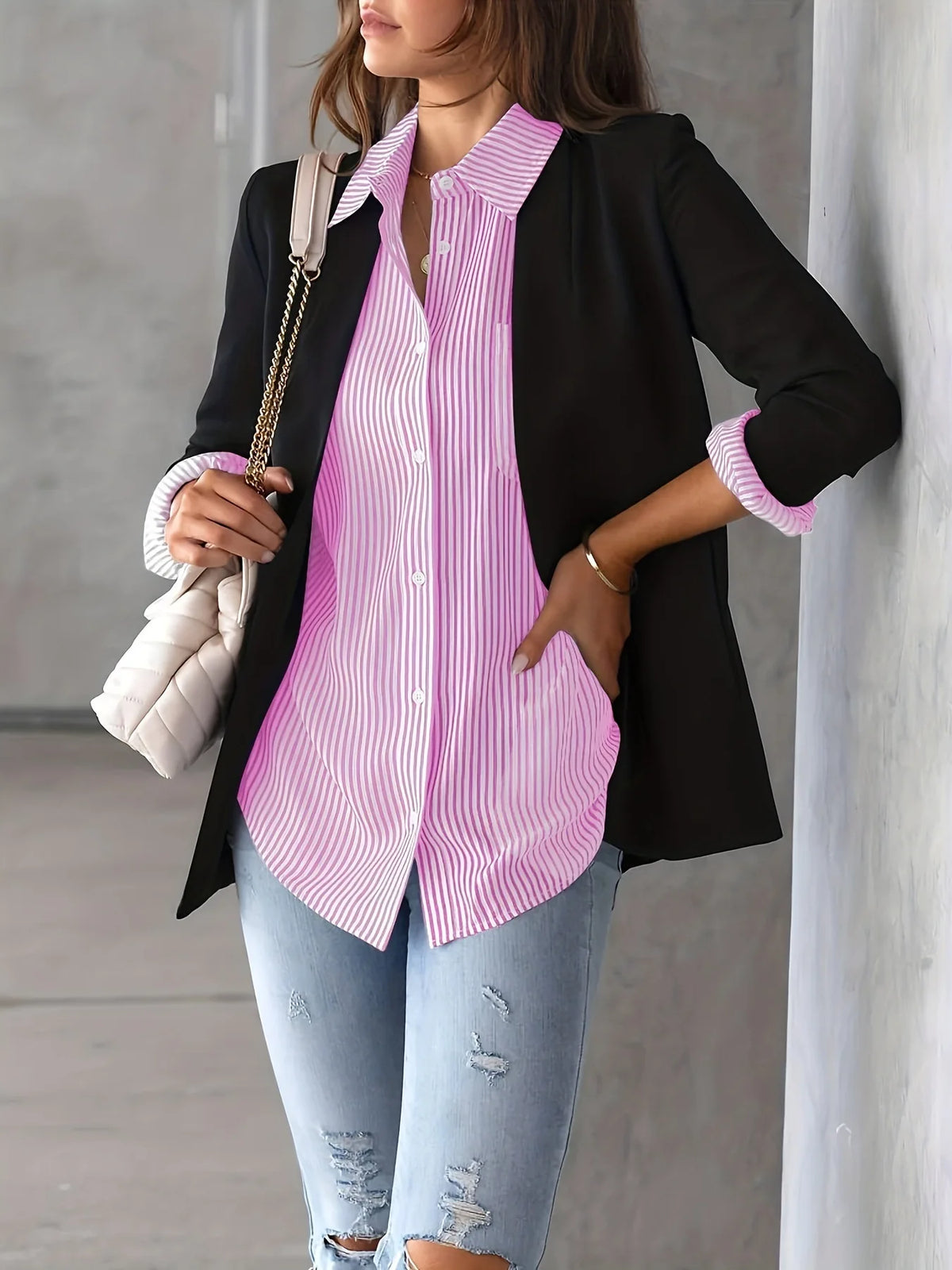 Women's Plus Size Shirt - Fashionable, Elegant, Commuter Bestseller, Classic Striped Top, Loose and Casual Long Sleeve Shirt — image 9