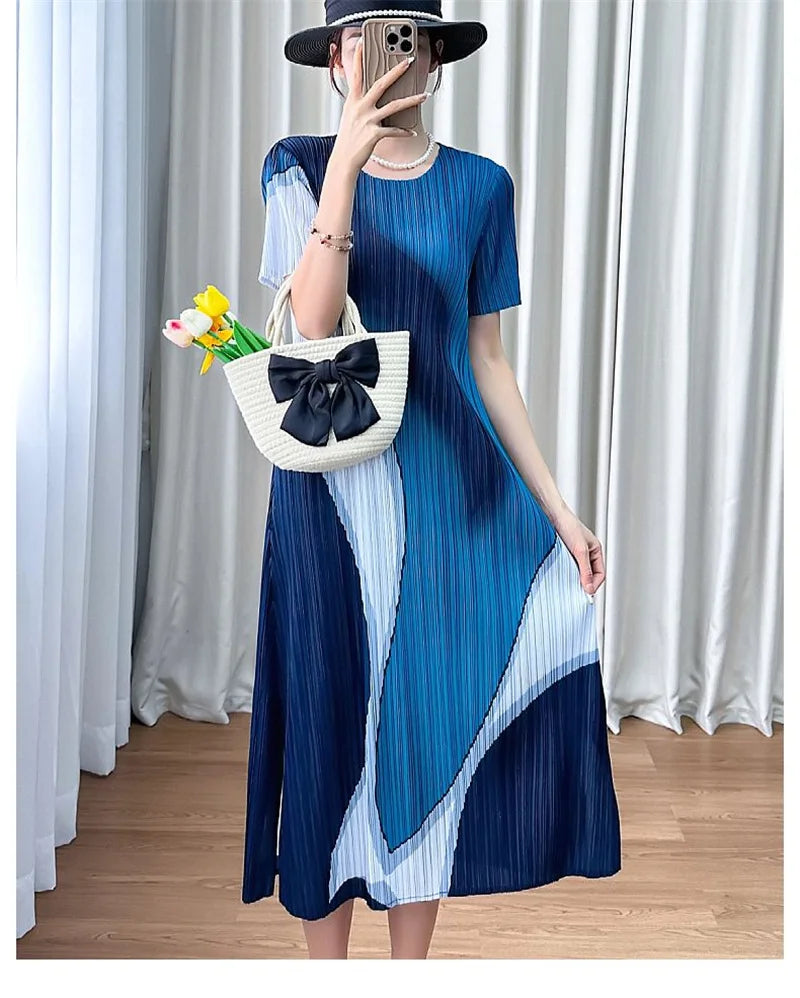 Womens Dresses Evening Dresses Summer Round Neck Color Matching Temperament Comfortable Dress Loose Design pleated loose dress — image 14