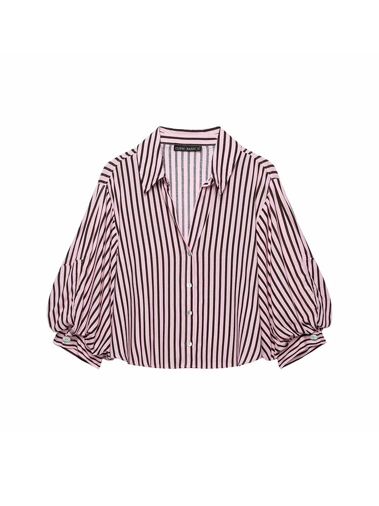 Women Striped Shirts For Women Vintage Elegant Puff Sleeve Summer New High Street Clothes Leisure Single-breasted Lapel Blouse — image 1