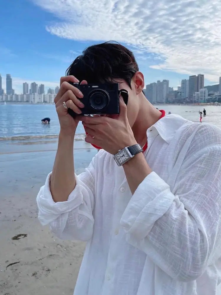 Men's Shirt Premium Thin White Loose Breathable Shirt Loose Long Sleeve Sun Protection Tees Lightweight Vacation Pockets Shirts — image 14