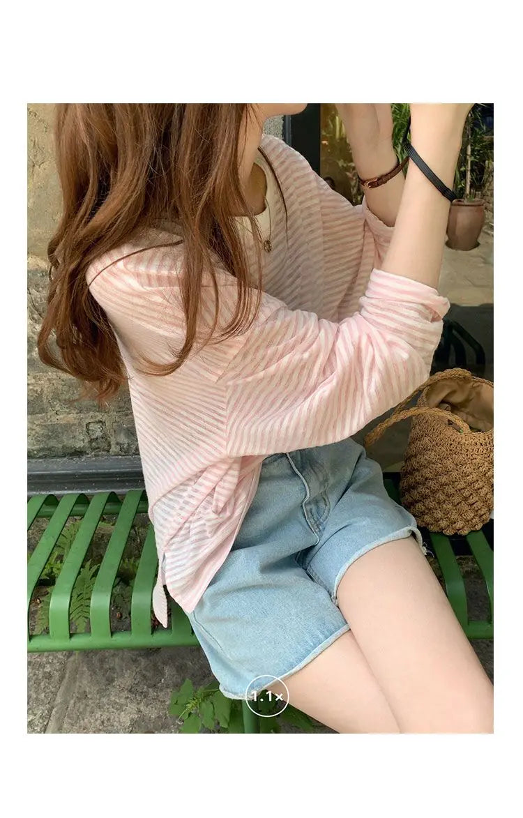 Women's Clothing  Casual T Shirt Summer 2025 Long-sleeved Fashion Korean Style Loose Striped Sunscreen Casual T Shirt — image 12