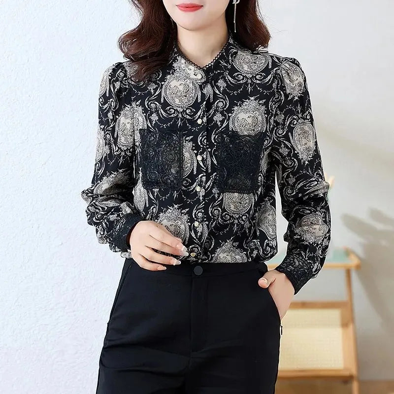 Shirts for Women in Spring Autumn New Style Printed Satin Stylish Slim Fashion Commuting Simple — image 3
