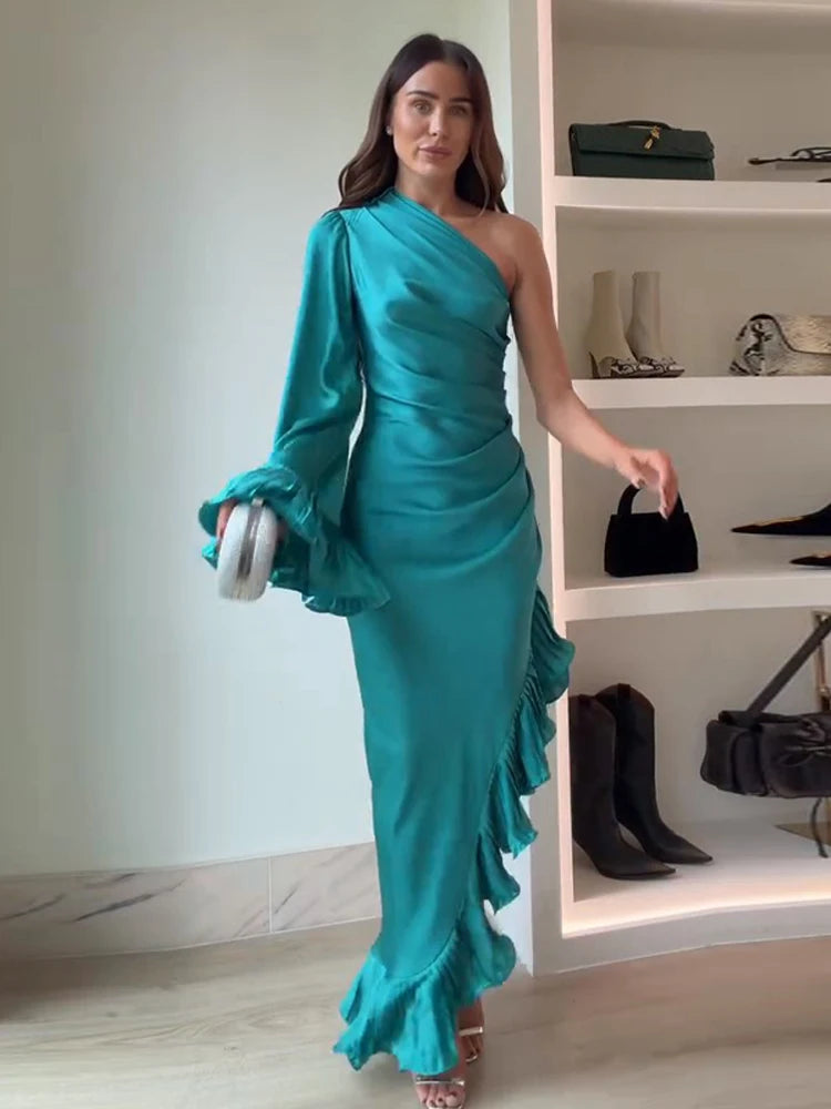 Women's Dresses Elegant Party Dress Satin One-Shoulder Ruffled Midi Dress Sexy Elegant Formal Gown Woman Clothes New Outerwear — image 2