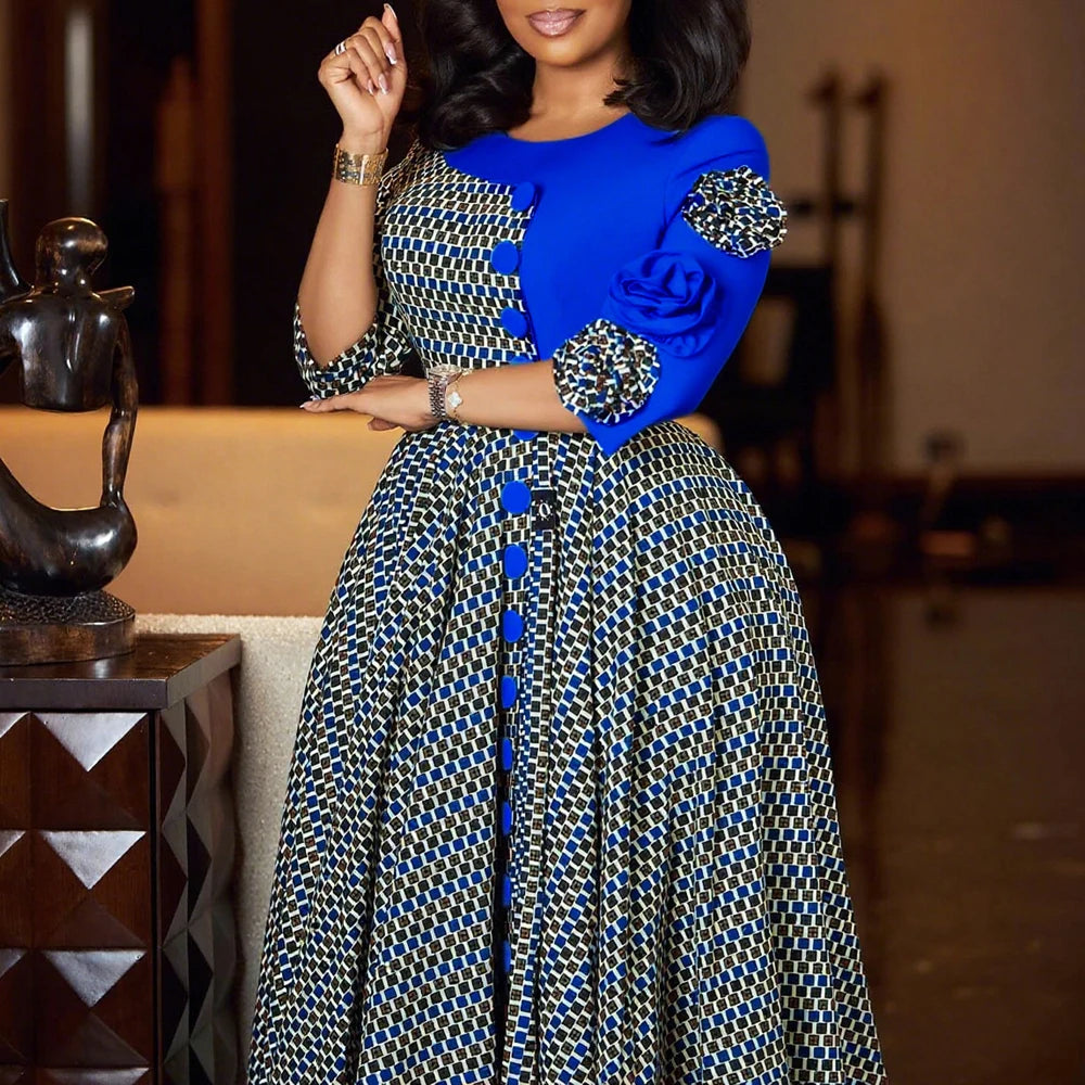 Elegant Dresses for Women 2025 Fall Fashion African 3/4 Sleeve Party Birthday New Robe Chic 3D Flower Plaid Evening A-Line Dress — image 3