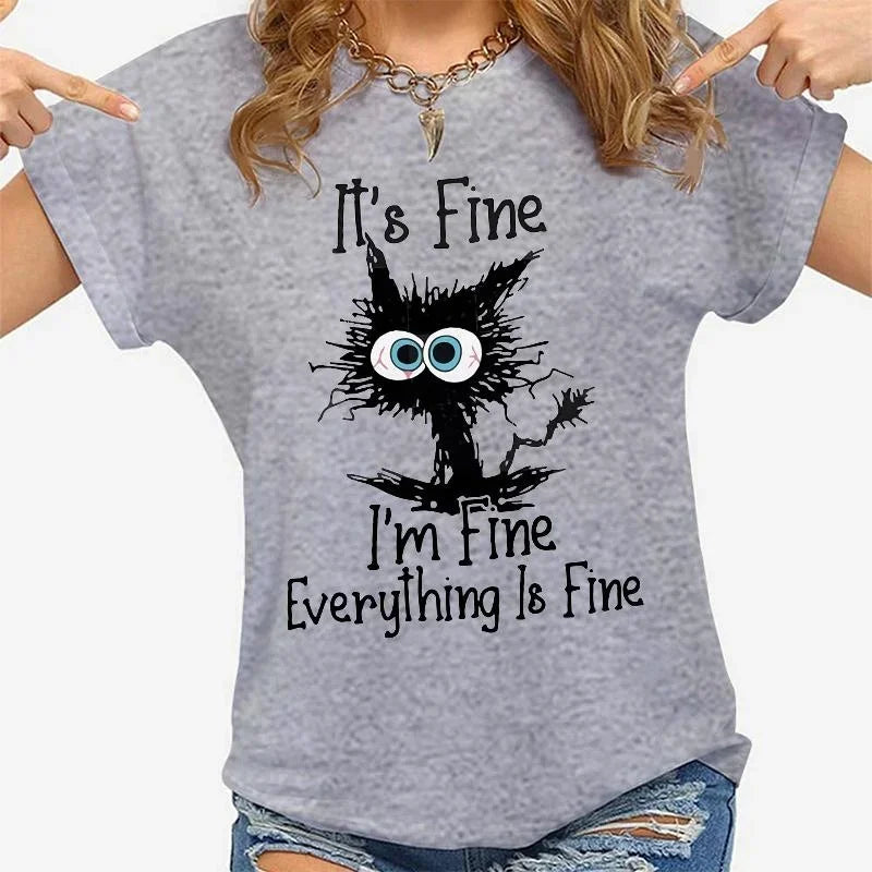 Women Clothes Cat It's Fine I'm Fine Everything Is Fine Print T-shirts Summer Casual  Fashion Personalized Woman Clothing — image 6