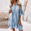 Dresses For Women 2025 Casual Women'S Solid Color Distressed Denim Midi Dress With 5/8 Sleeves Vestidos Elegantes Feminino — image 2