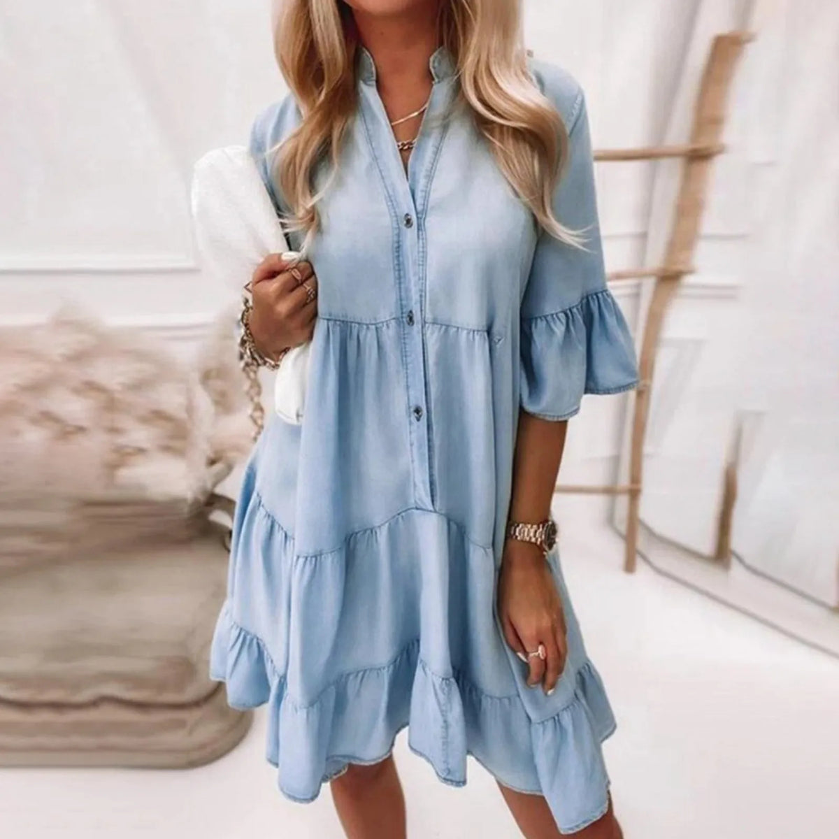 Dresses For Women 2025 Casual Women'S Solid Color Distressed Denim Midi Dress With 5/8 Sleeves Vestidos Elegantes Feminino — image 2