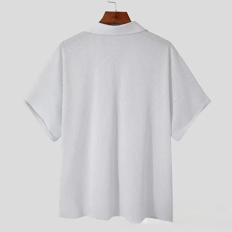 New Men Shirts Short Sleeve Turn-down Collar Casual Tops Spring Summer Fashion Solid Rib Loose Shirt For Men Clothing Streetwear — image 4