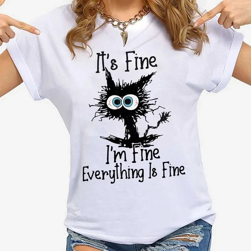 Women Clothes Cat It's Fine I'm Fine Everything Is Fine Print T-shirts Summer Casual  Fashion Personalized Woman Clothing — image 4