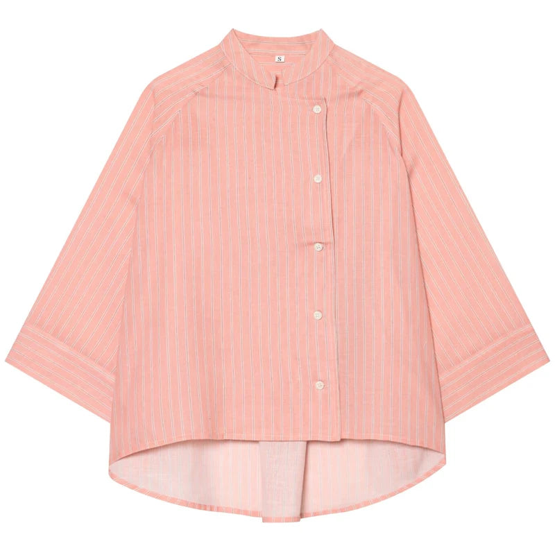 Women's Pink Striped Shirts Summer Asymmetric Button Mid Sleeve Loose Fit Shirts Casual Office Look Vintage Elegant Female Tops — image 6
