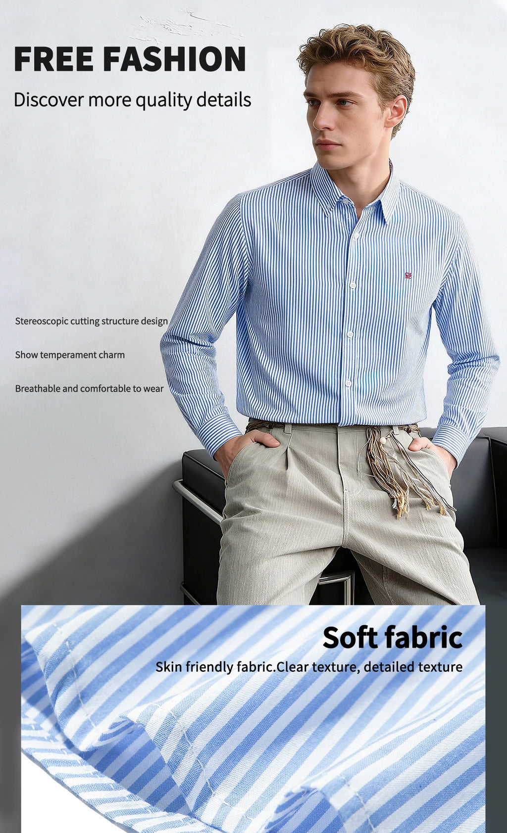 Men's Shirt New Versatile Commuting Casual Striped Design Men's Long Sleeved Shirt — image 10