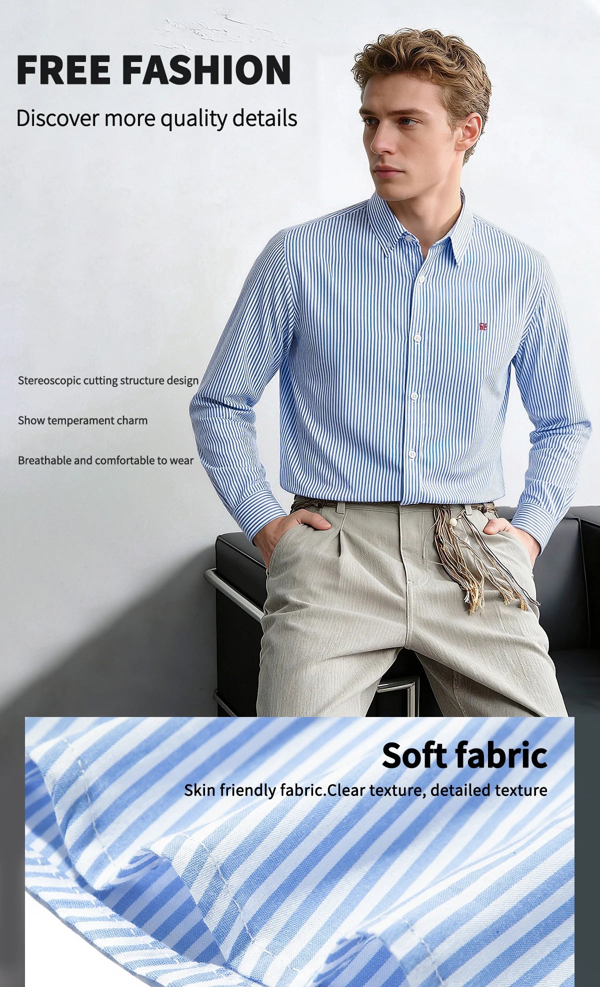 Men's Shirt New Versatile Commuting Casual Striped Design Men's Long Sleeved Shirt — image 10