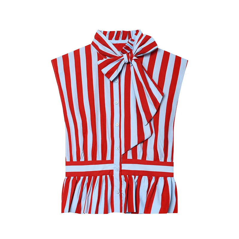 Women's Shirt 2026 New Summer Fitted Waist Bowknot Sleeveless Striped Shirt for Women Elegant Chic Personality Ladies Shirt — image 7