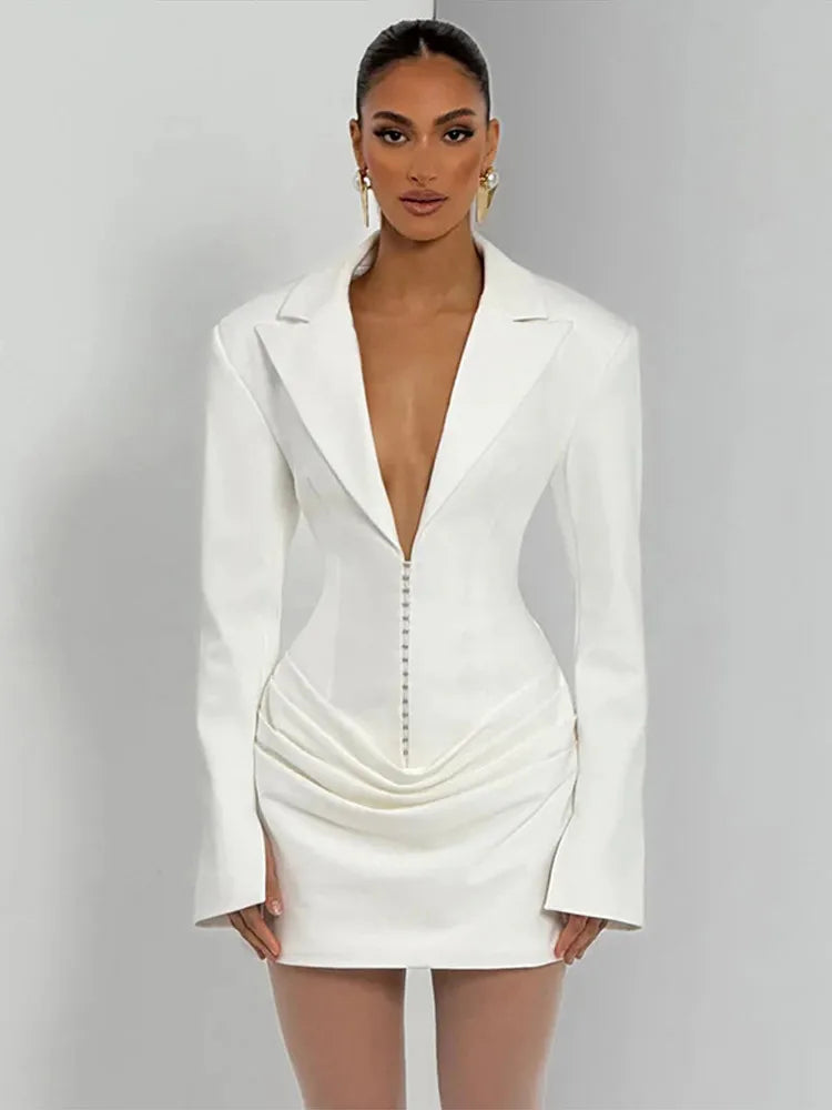 Women's Evening Dresses Deep V-neck Short Pleat Bodycon Dress Autumn 2025 Female Lapel Long Sleeves Waist Cinching New Partywear — image 9