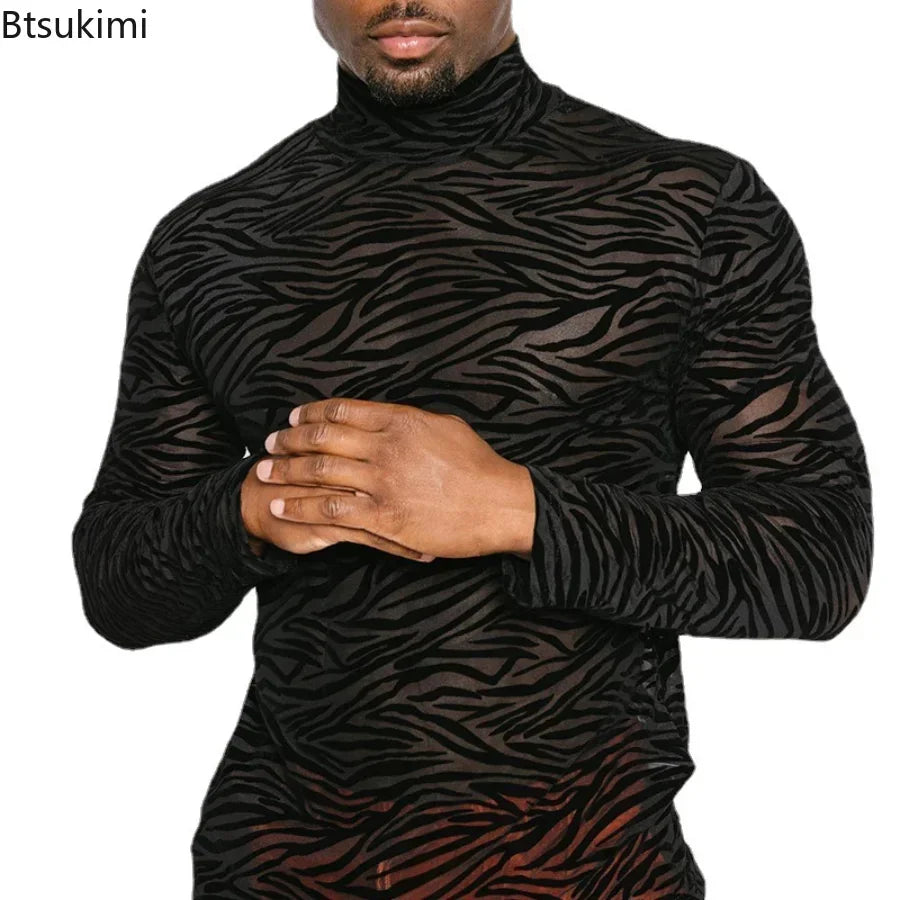 Men's T Shirt Perspective Turtleneck Long-sleeved Lace Tight Fitting T-shirt for Men Streetwear Bottoming Shirt Inside Male Tops — image 1