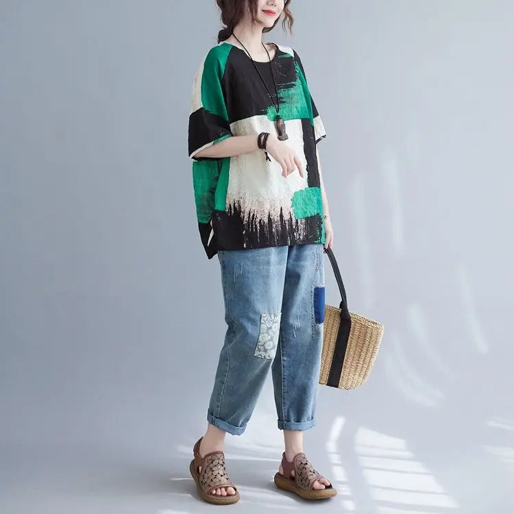 Women Clothing 2025 New Summer Clothing New Style Retro Loose Cotton Linen Short-sleeved T-shirt Top — image 14
