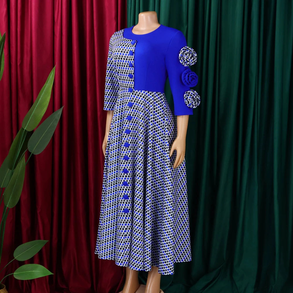 Elegant Dresses for Women 2025 Fall Fashion African 3/4 Sleeve Party Birthday New Robe Chic 3D Flower Plaid Evening A-Line Dress — image 17