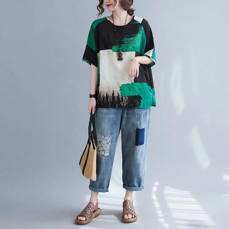 Women Clothing 2025 New Summer Clothing New Style Retro Loose Cotton Linen Short-sleeved T-shirt Top — image 12
