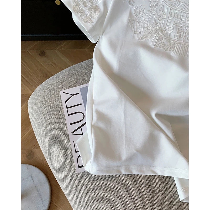 Women Clothing Summer Fashion Vintage Embroidery White Cotton Basic T Shirt Female Simple Casual O Neck Short Sleeve Loose Tops — image 6