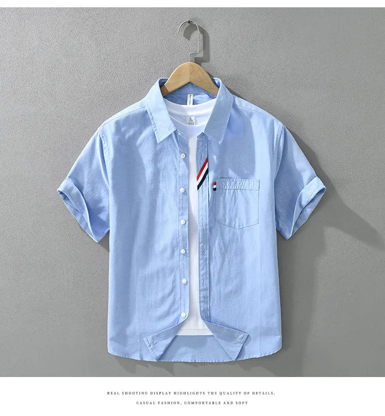 Men's 100% Cotton Short-Sleeve Shirt – Classic Turn-Down Collar, Slim Fit with Chest Pocket & Striped Detail — image 12