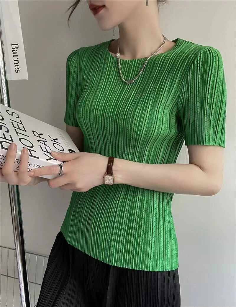 Woman Clothing  Top Women Miyake Pleated Short-sleeved Female Summer Thin Elastic Round Neck Joker Slim Pleated Hollow T-shirt — image 8