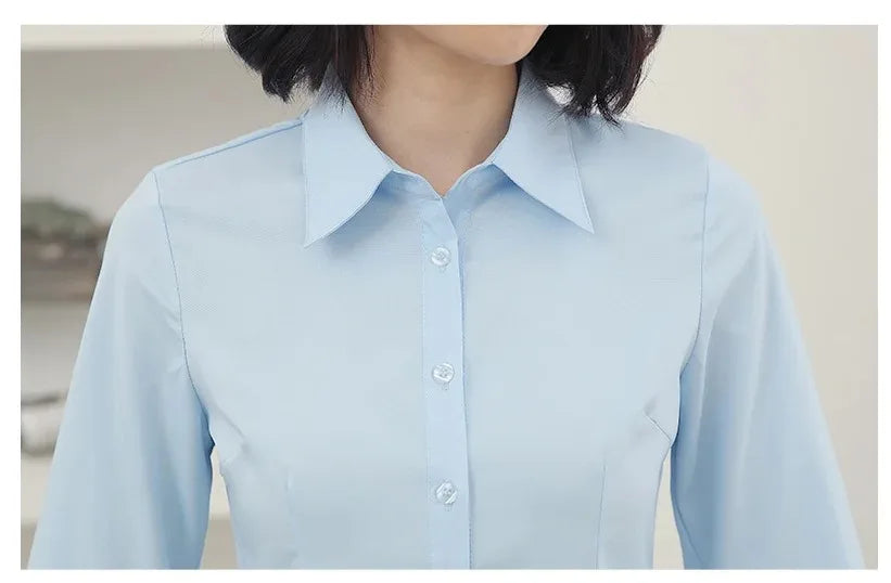 Elegant Women Shirts Woman White Shirt Long Sleeve Blouse Office Lady business Pink Shirts Button Solid Women work Blouses Tops — image 16