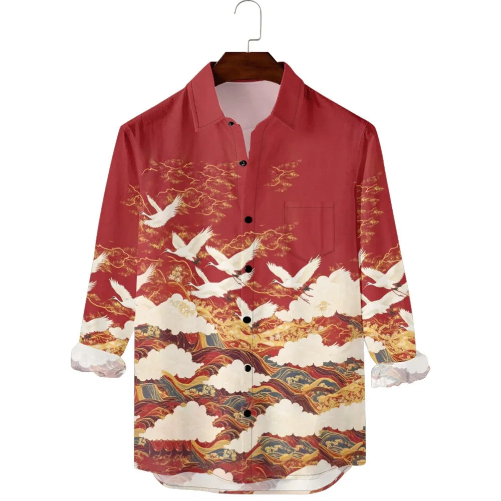 Hawaiian Men Shirts Cultural Crane Clouds Wave Printed Full Sleeve Button Up Casual Vacay Beach Parties Travel Poolside Shirt — image 2