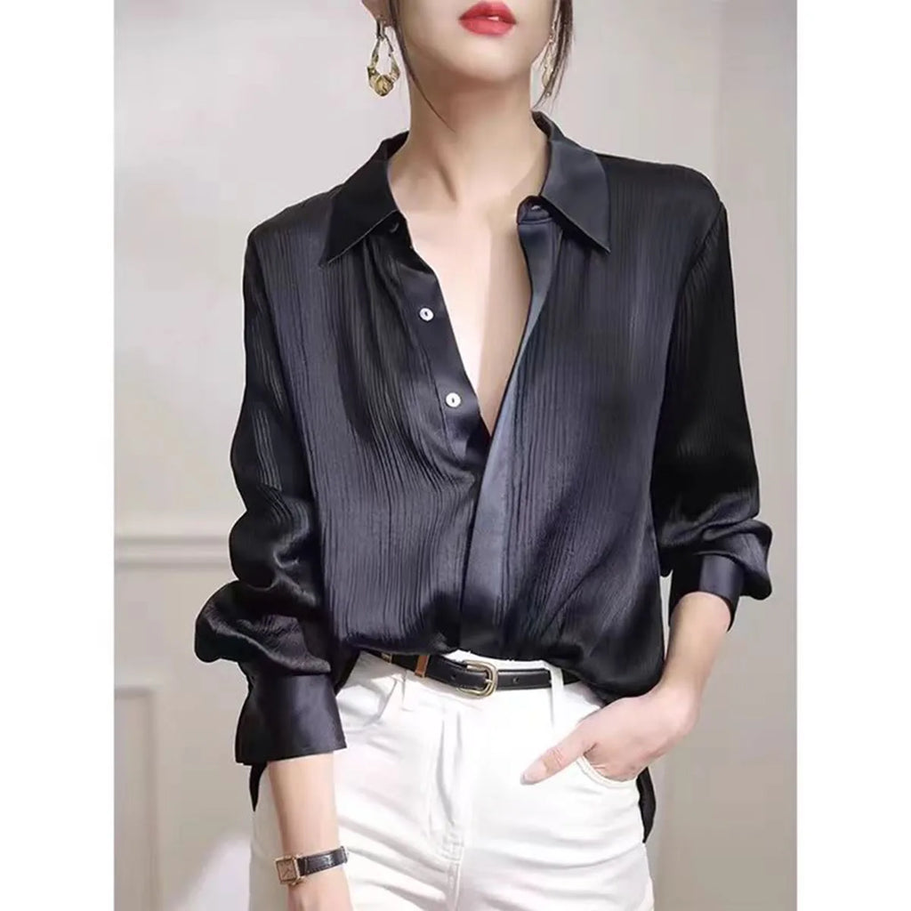 Women's Shirts Spring New Black Satin Texture Loose Long-sleeved Blouse Elegant Office Lady Work Wear Fashion Female Clothing — image 7