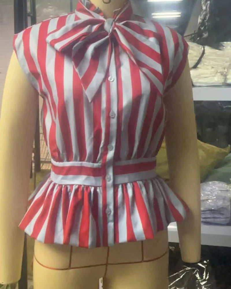 Women's Shirt 2026 New Summer Fitted Waist Bowknot Sleeveless Striped Shirt for Women Elegant Chic Personality Ladies Shirt — image 13